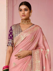 Charming Peach Zari Weaving Silk Event Wear Saree With Blouse