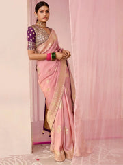 Charming Peach Zari Weaving Silk Event Wear Saree With Blouse