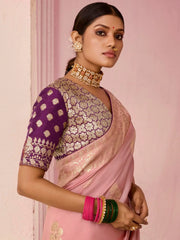 Charming Peach Zari Weaving Silk Event Wear Saree With Blouse