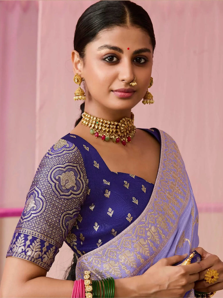Exquisite Lavender Zari Weaving Silk Engagement Wear Saree With Blouse