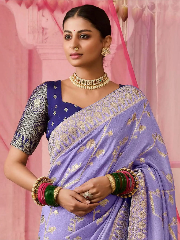 Exquisite Lavender Zari Weaving Silk Engagement Wear Saree With Blouse