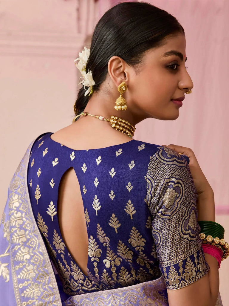 Exquisite Lavender Zari Weaving Silk Engagement Wear Saree With Blouse