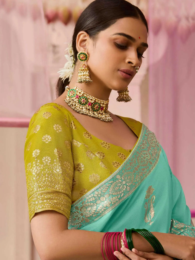 Majestic Sea Green Zari Weaving Silk Wedding Wear Saree With Blouse
