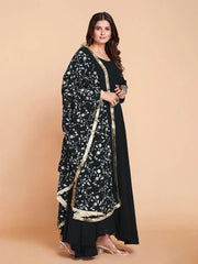 Fabulous Black Georgette Gown with Thread-Embroidered Dupatta