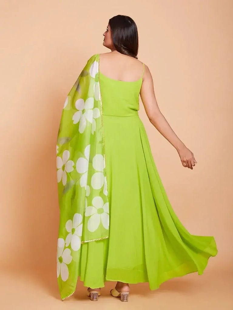 Fascinating Neon Green Georgette Gown with Flower Print Dupatta