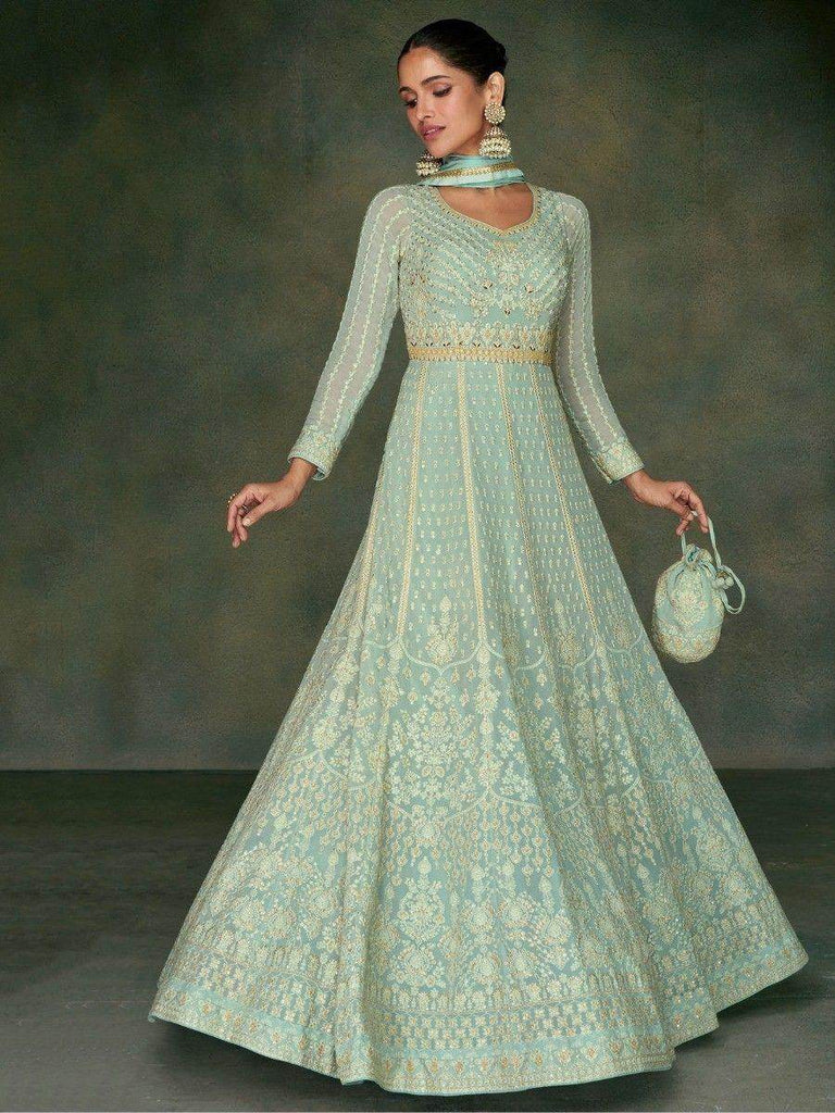 Delightful Sky-Blue Sequins Georgette Event Wear Gown With Dupatta