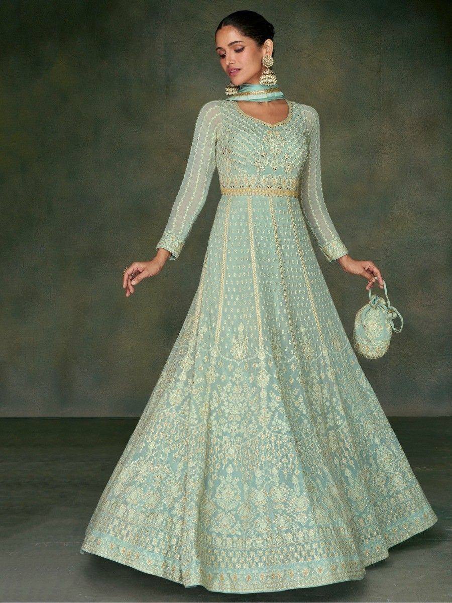 Mint green embroidered anarkali gown with gold detailing, perfect for Indian ethnic wear occasions