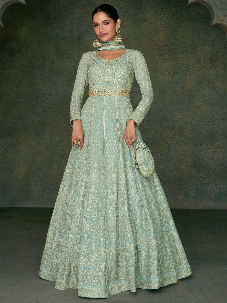 Delightful Sky-Blue Sequins Georgette Event Wear Gown With Dupatta