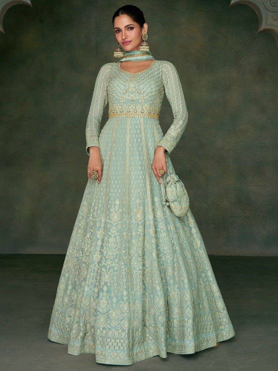 Mint green embroidered anarkali gown with gold detailing, perfect for Indian ethnic occasions