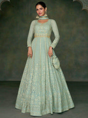 Delightful Sky-Blue Sequins Georgette Event Wear Gown With Dupatta