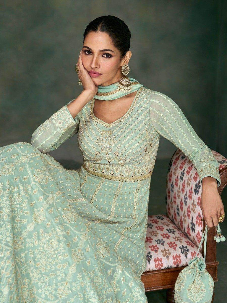 Delightful Sky-Blue Sequins Georgette Event Wear Gown With Dupatta