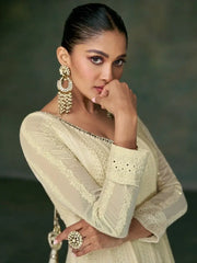 Gorgeous Beige Sequins Georgette Festival Wear Gown With Dupatta
