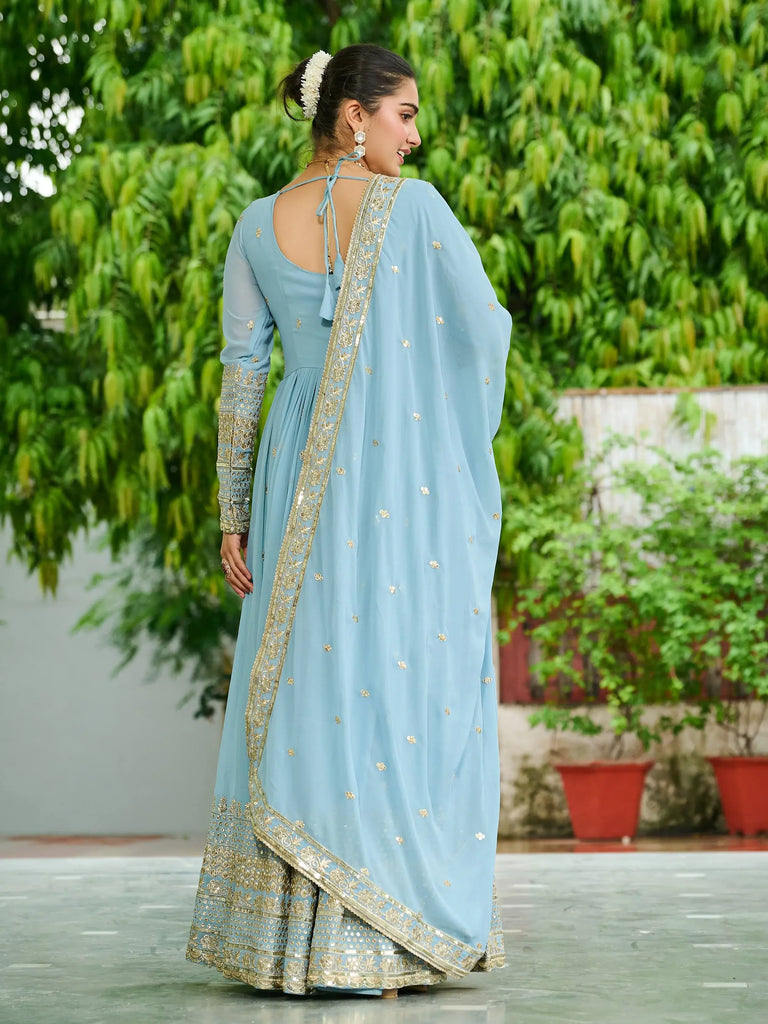 Adorable Sky Blue Embroidered Reception Wear Gown With Dupatta