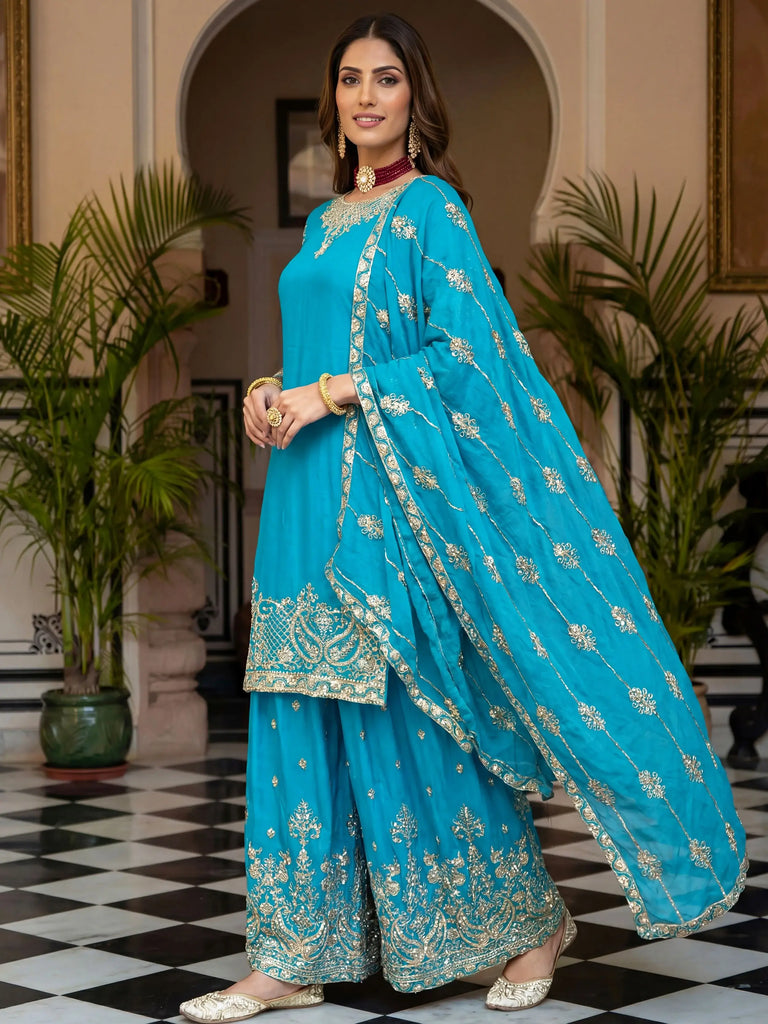 Amazing Sky Blue Embroidered Chinon Wedding Wear Palazzo Suit