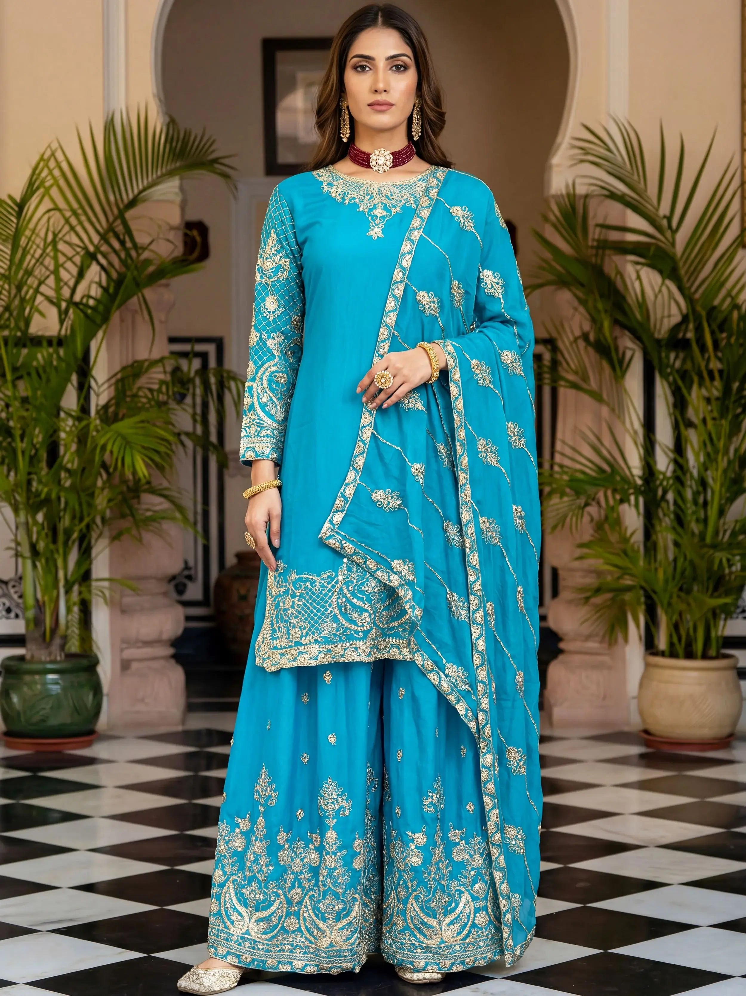 Amazing Sky Blue Embroidered Chinon Wedding Wear Palazzo Suit