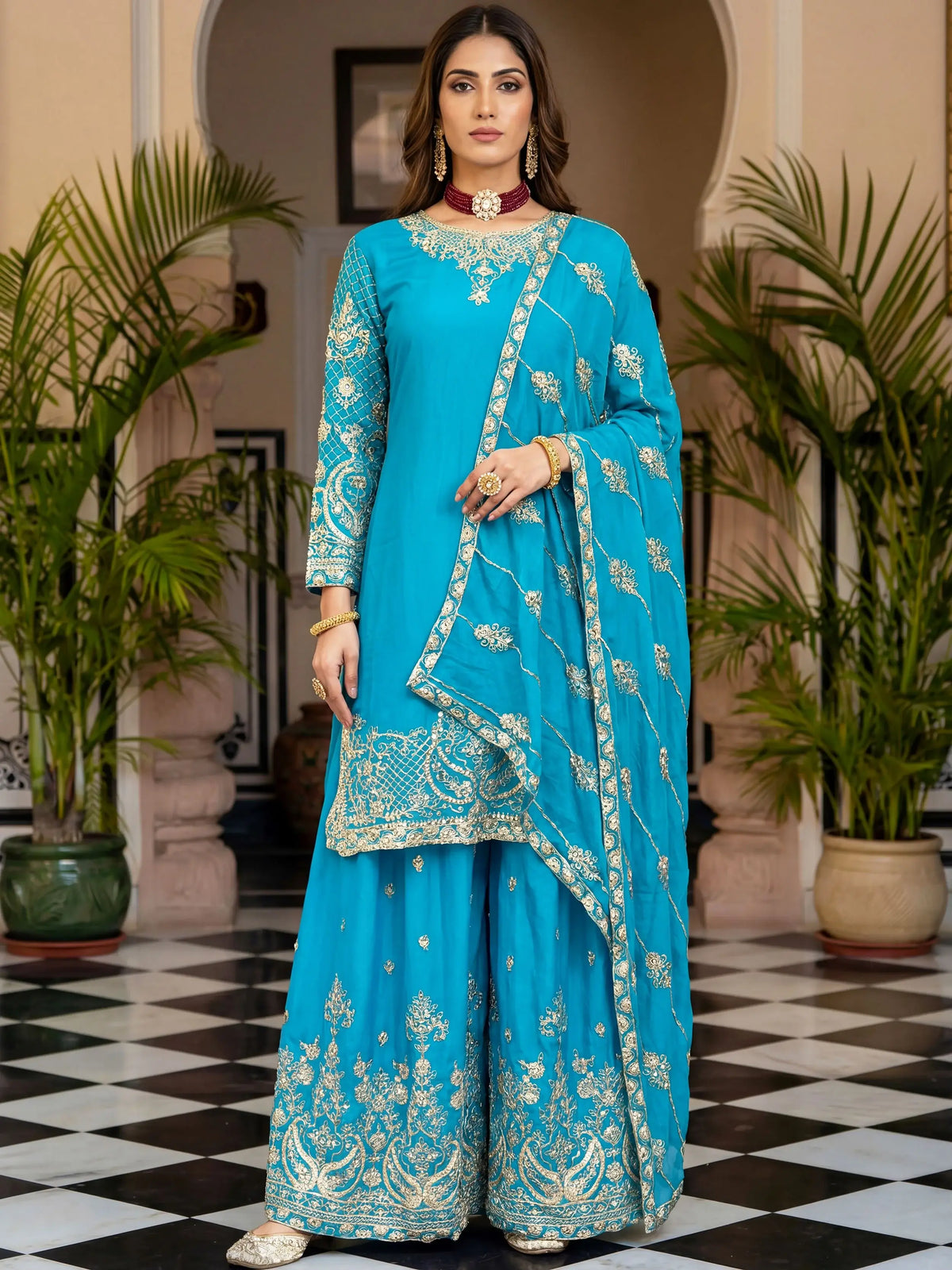 Amazing Sky Blue Embroidered Chinon Wedding Wear Palazzo Suit