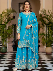 Amazing Sky Blue Embroidered Chinon Wedding Wear Palazzo Suit