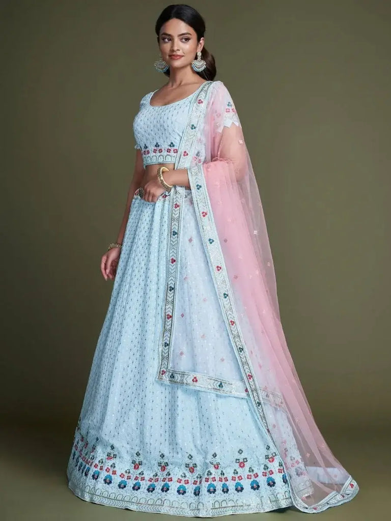 Astonishing Sky-Blue Embroidered Georgette Marriage Wear Lehenga Choli