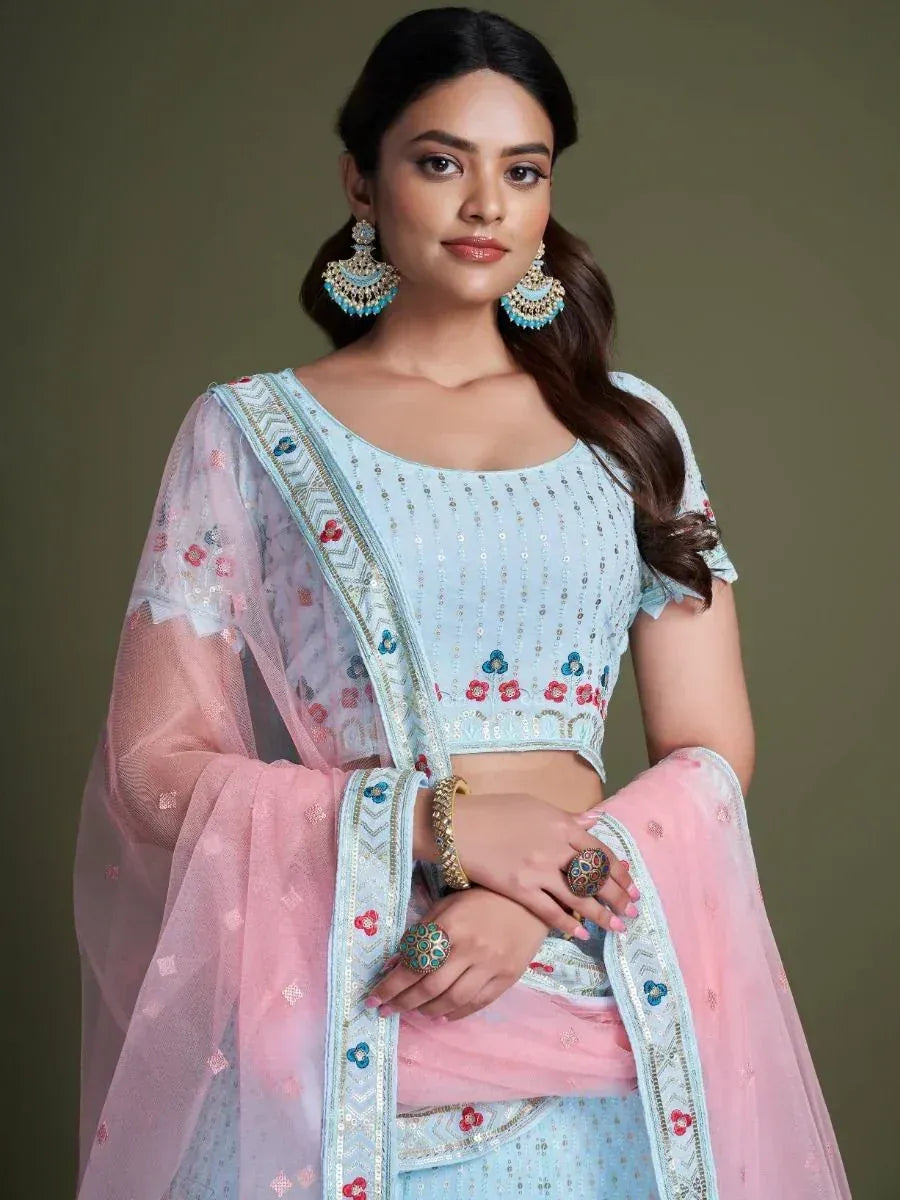 Light blue embroidered crop top with pink sheer dupatta, Indian ethnic wear for women