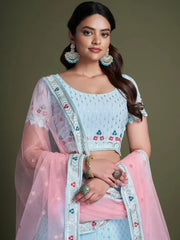 Astonishing Sky-Blue Embroidered Georgette Marriage Wear Lehenga Choli