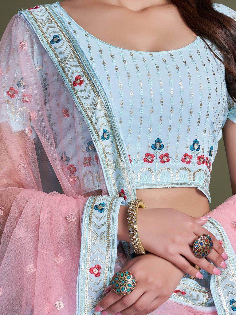 Astonishing Sky-Blue Embroidered Georgette Marriage Wear Lehenga Choli