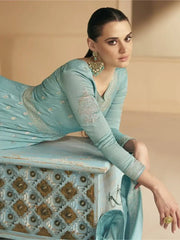 Spectacular Turquoise Embroidered Silk Ready-Made Event Wear Gown