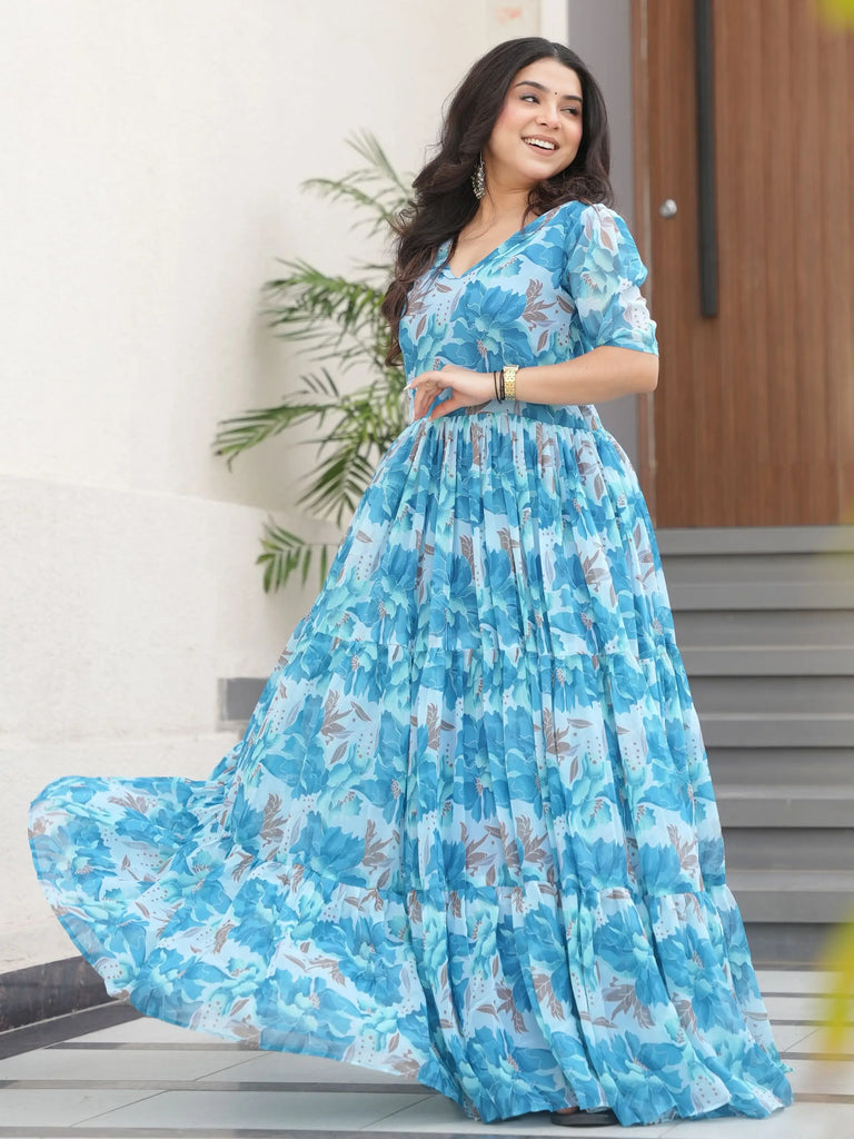 Stunning Sky Blue Georgette Floral Printed Traditional Gown