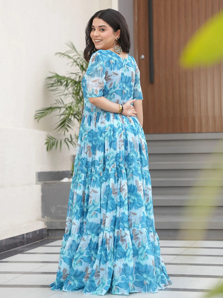 Stunning Sky Blue Georgette Floral Printed Traditional Gown