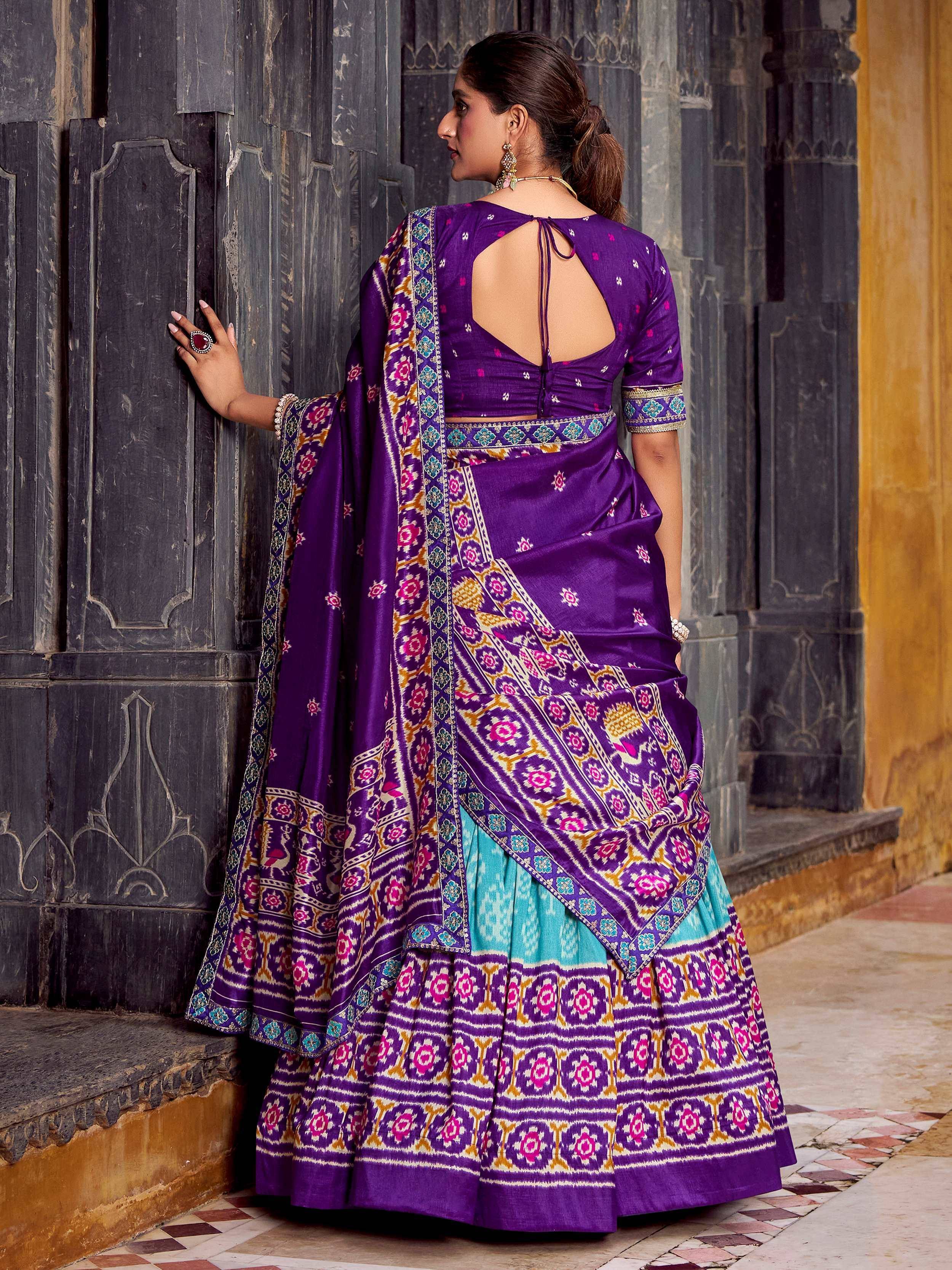 Purple and teal Ikat print lehenga choli with back tie blouse, ethnic Indian wear