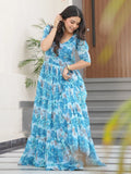 Stunning Sky Blue Georgette Floral Printed Traditional Gown