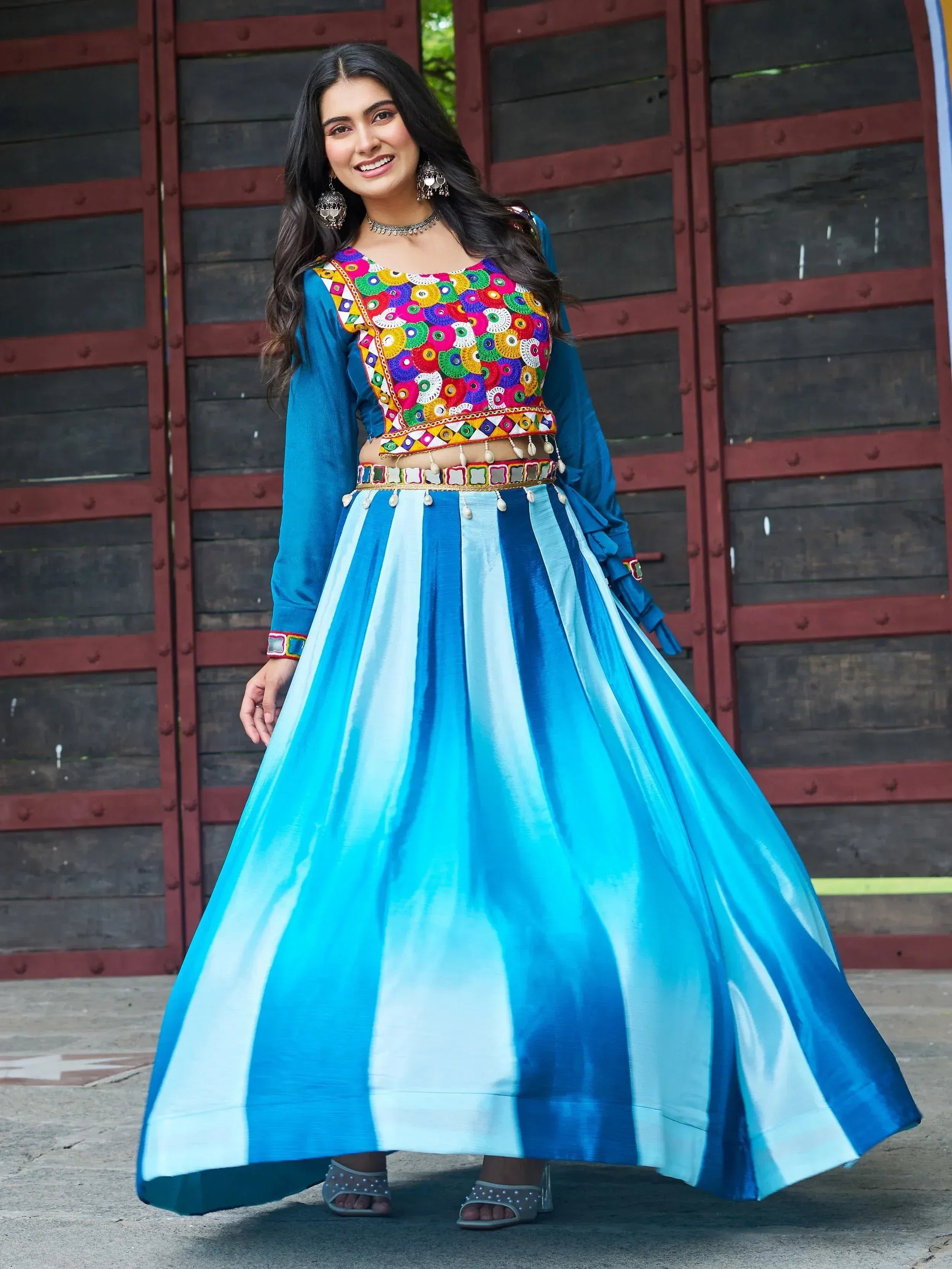 Blue and white striped lehenga with colorful embroidered blouse, Indian ethnic wear