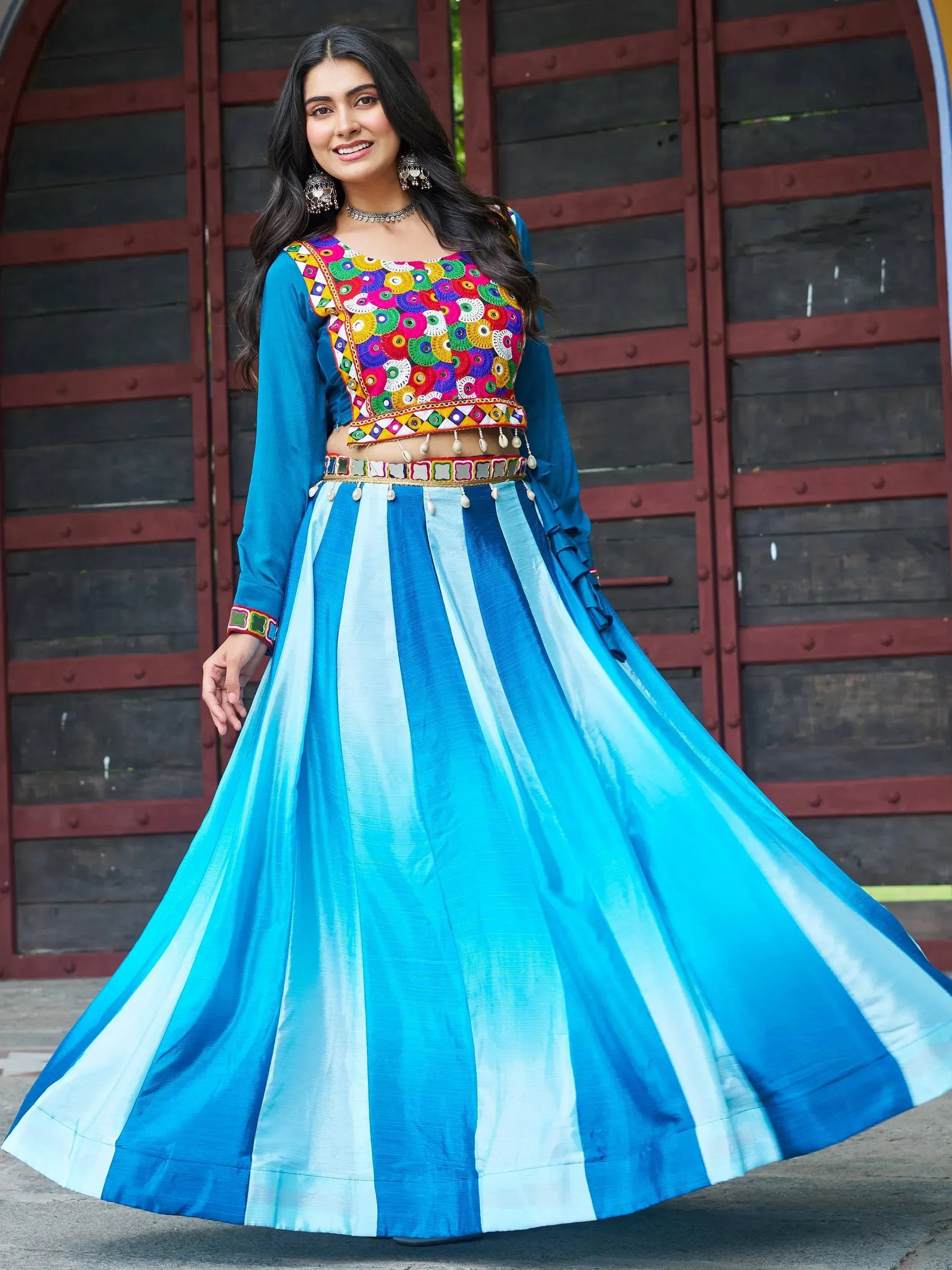 Blue striped lehenga choli with colorful embroidered blouse, ethnic Indian wear for women