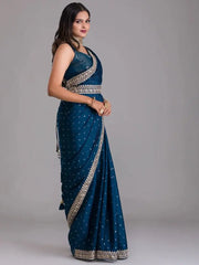 Pretty Blue Heavy Border Chinon Event Wear Saree With Blouse