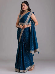 Pretty Blue Heavy Border Chinon Event Wear Saree With Blouse