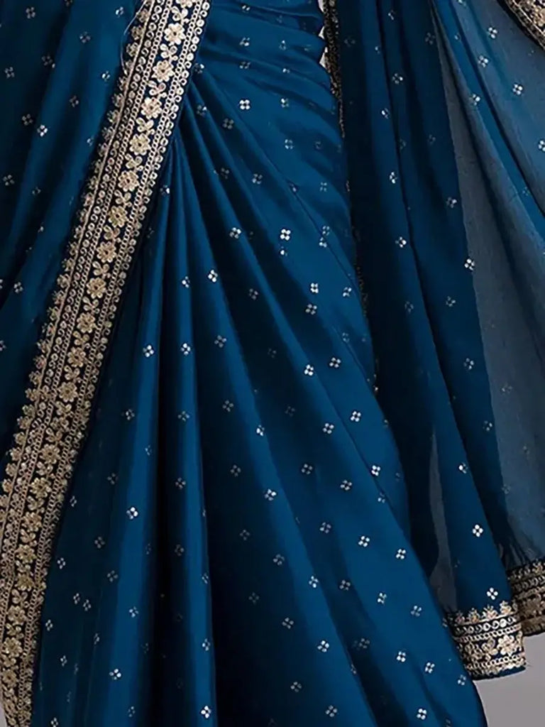 Pretty Blue Heavy Border Chinon Event Wear Saree With Blouse