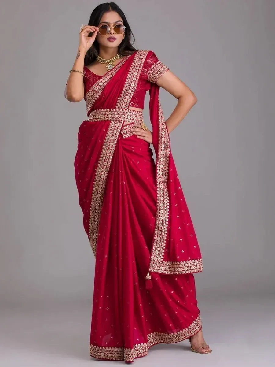 Red designer saree with gold embroidery, perfect for Indian ethnic wear and festive occasions