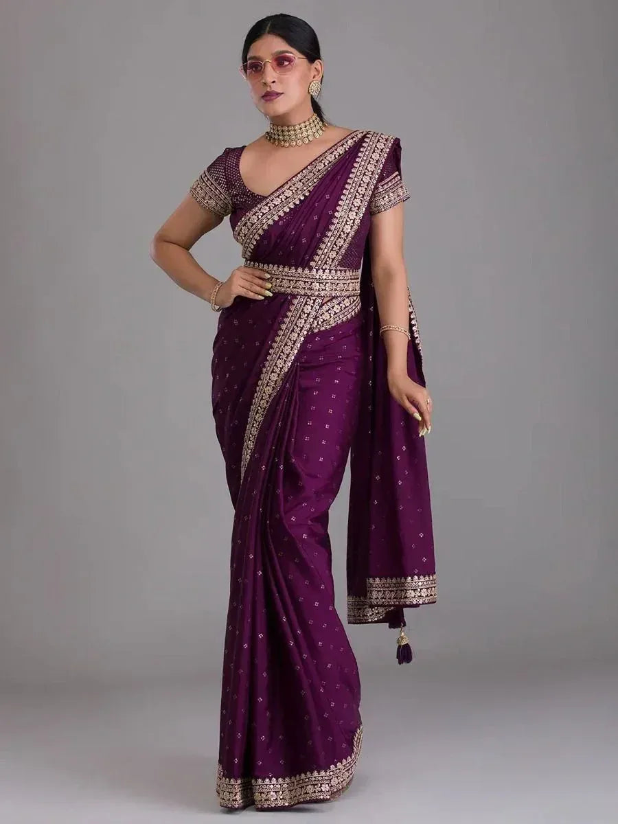 Purple ethnic saree with gold embroidery, perfect for Indian occasions and festive wear