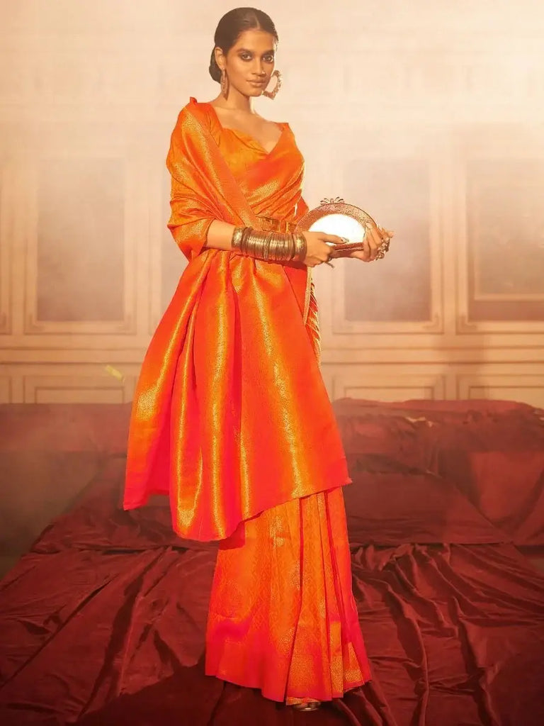 Alluring Peach Zari Weaving Engagement Wear Silk Saree With Blouse