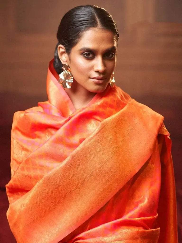 Alluring Peach Zari Weaving Engagement Wear Silk Saree With Blouse