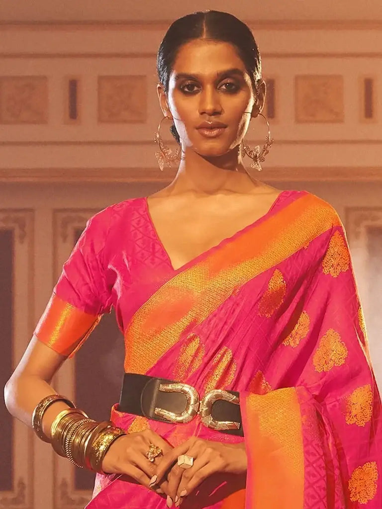Glamorous Hot Pink Zari weaving Silk Reception Wear Saree
