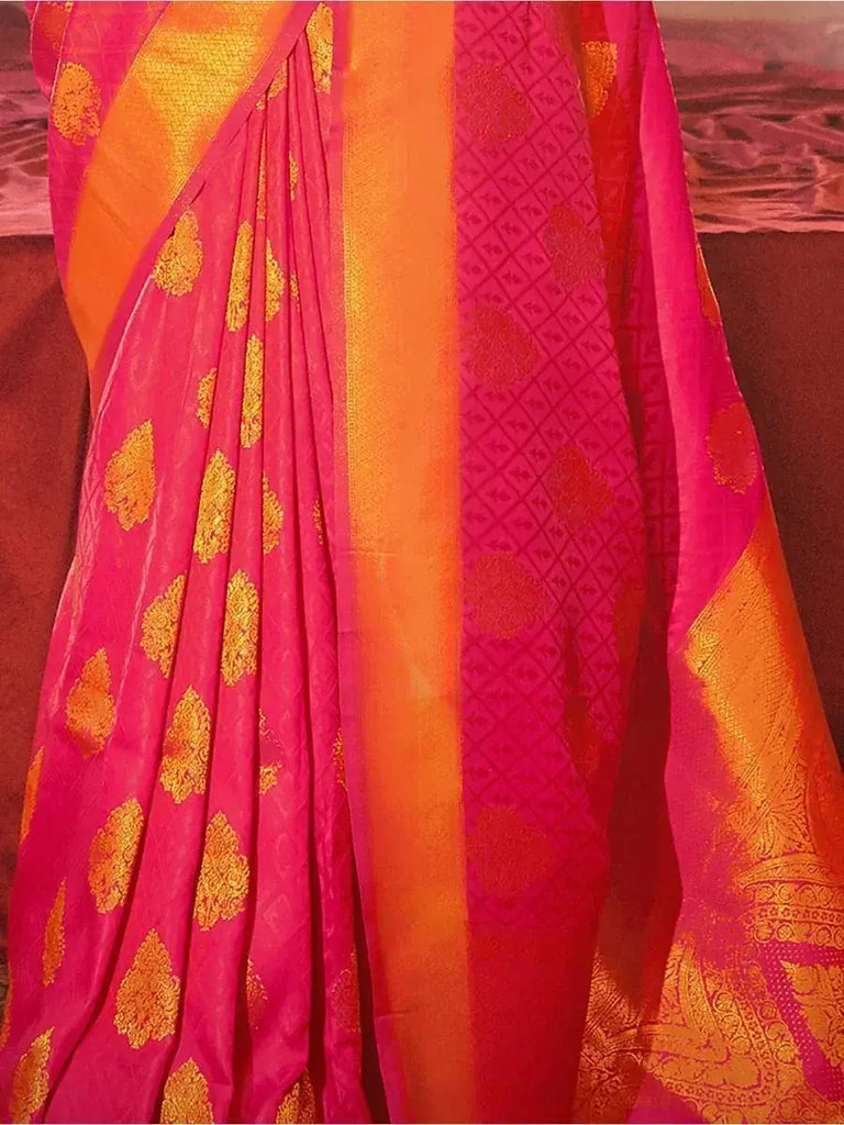 Glamorous Hot Pink Zari weaving Silk Reception Wear Saree