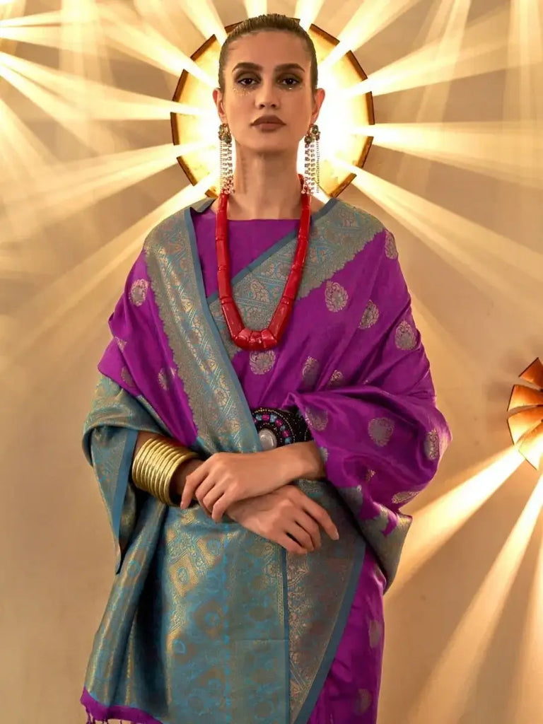 Astonishing Purple Zari Weaving Silk Wedding Wear Saree With Blouse