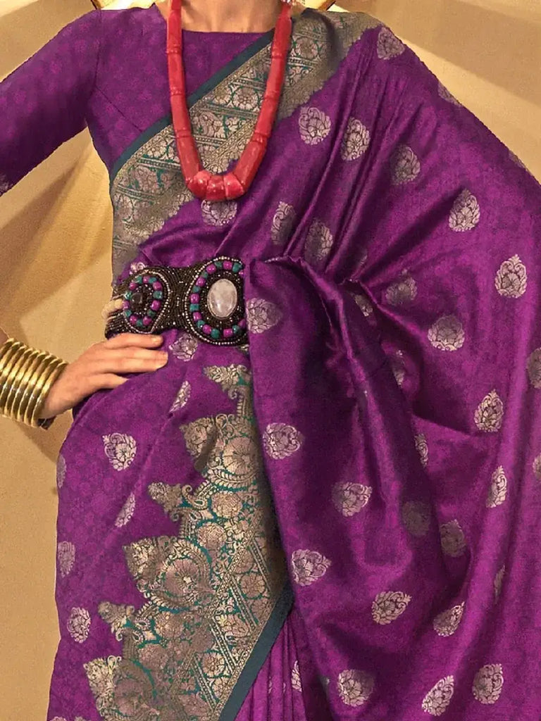 Astonishing Purple Zari Weaving Silk Wedding Wear Saree With Blouse