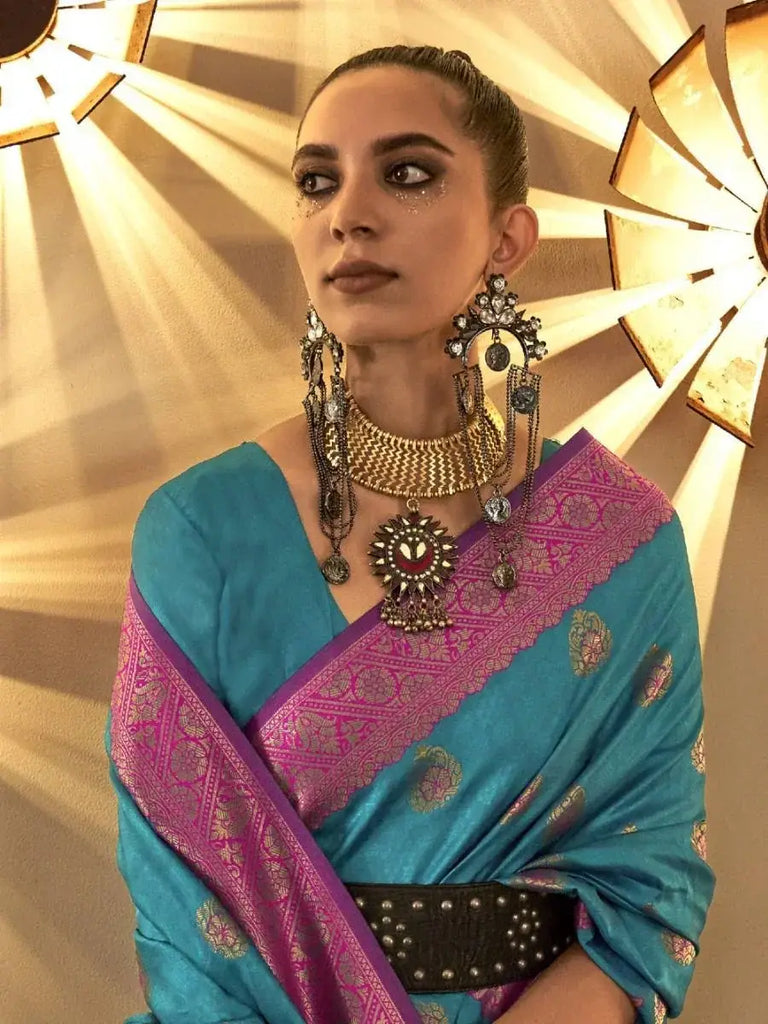 Glamorous Blue Zari Woven Handloom Silk Reception Wear Saree