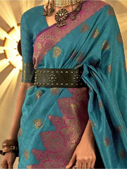 Glamorous Blue Zari Woven Handloom Silk Reception Wear Saree