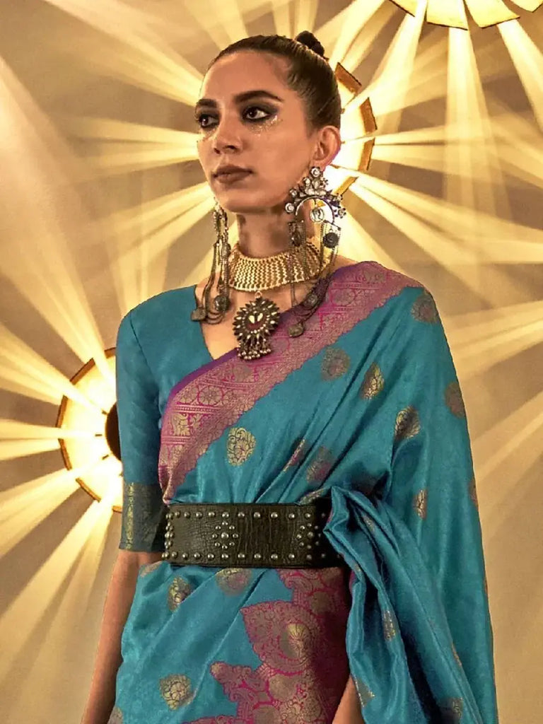 Glamorous Blue Zari Woven Handloom Silk Reception Wear Saree