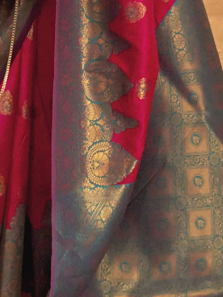 Prodigious Dark Pink Heavy Weaving Handloom Silk Sangeet Wear Saree