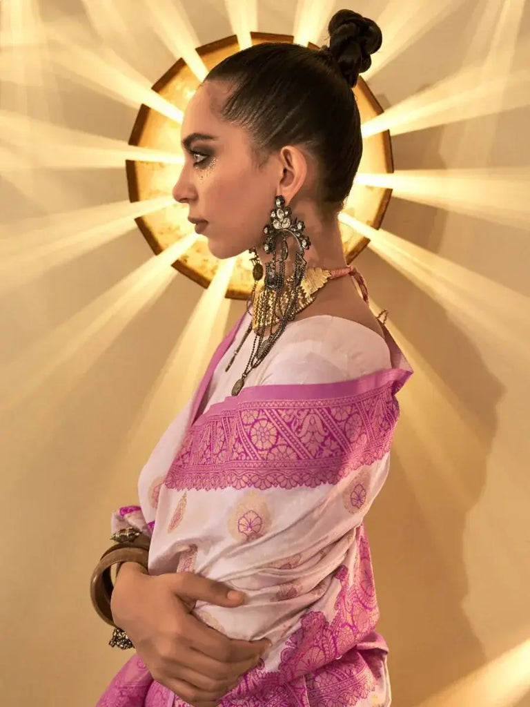 Spectacular White Heavy Weaving Silk Engagement Wear Saree