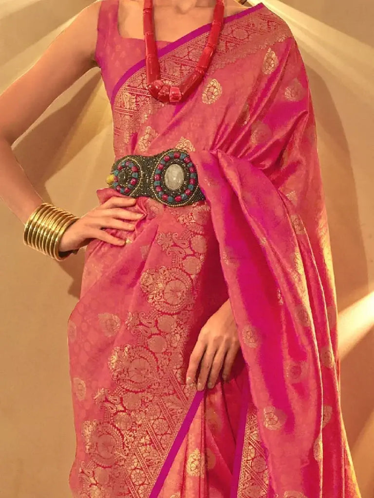 Shaded Peach Zari Weaving Silk Event Wear Saree With Blouse