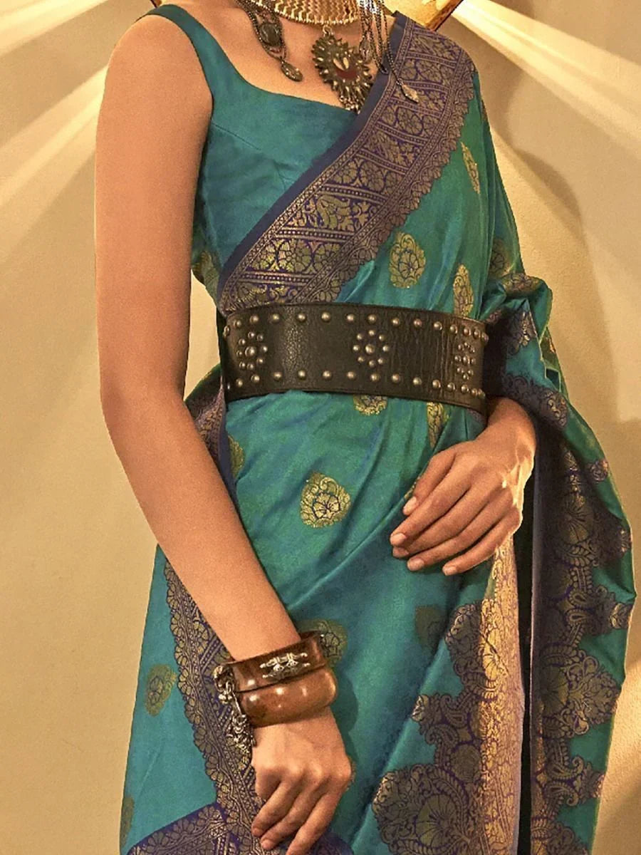 Irresistible Teal Green Heavy Weaving Silk Wedding Wear Saree